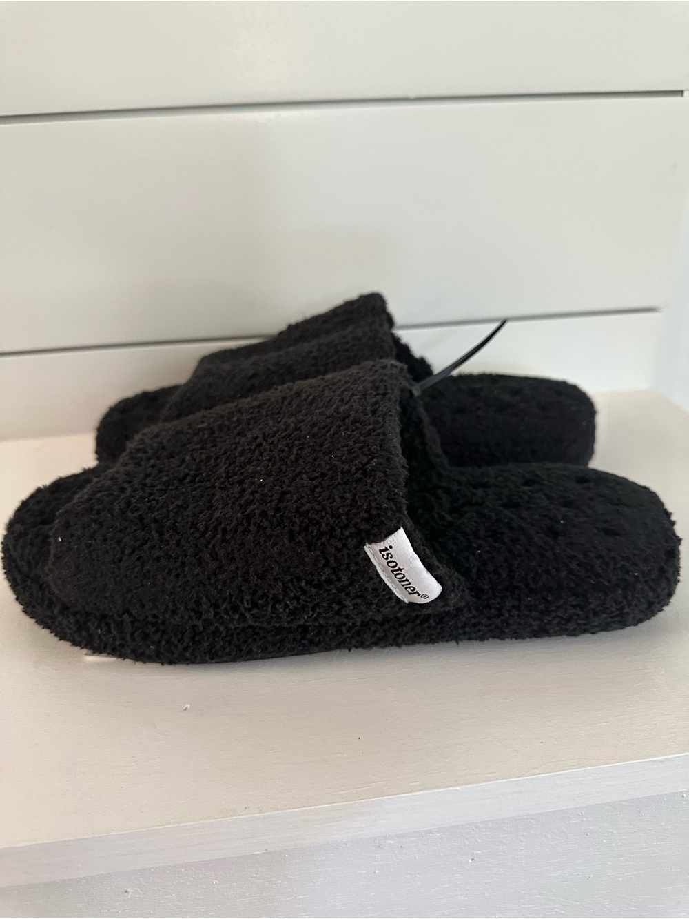 isotoner Black Fuzzy Slip-On Women's Slippers